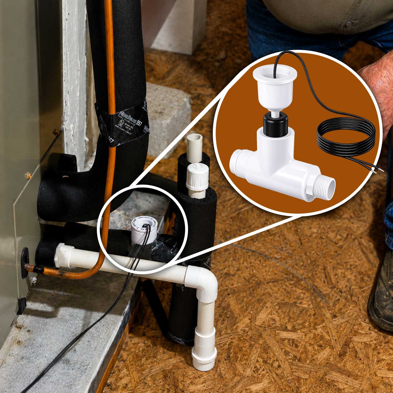 HVAC Float Safety Switch Installation | Overflow Protection by Austex Air Float safety switch installed on a residential HVAC drain line with callout graphic showing how the safety device works