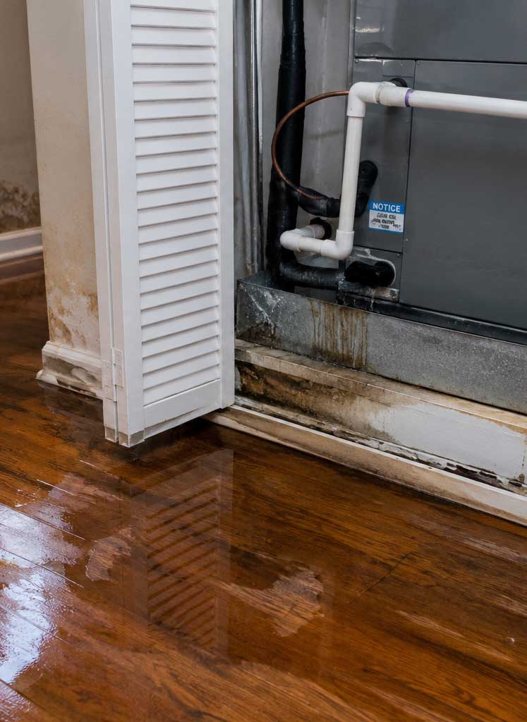 HVAC Overflow Water Damage on Hardwood Floors | Austex Air Water damage on hardwood floors caused by an overflowing HVAC unit inside a home utility closet.