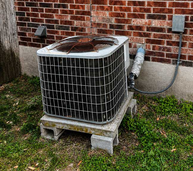 Old HVAC Condenser Before Replacement | Austex Air Conditioning & Heating Older outdoor air conditioning condenser unit installed beside a residential brick home in Georgetown, Texas.